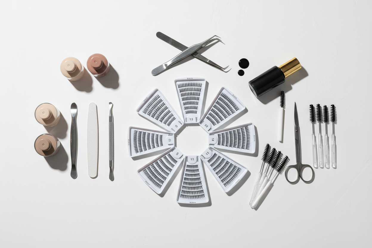 Professional beauty kit for sale, lash 1:1 trays as main focus, tweezers, lash glue, spoolie brushes, nail tools and neutral nail products, eyebrow tools, clean and modern style, soft neutral colors, studio lighting, minimal background, realistic product photography, high quality